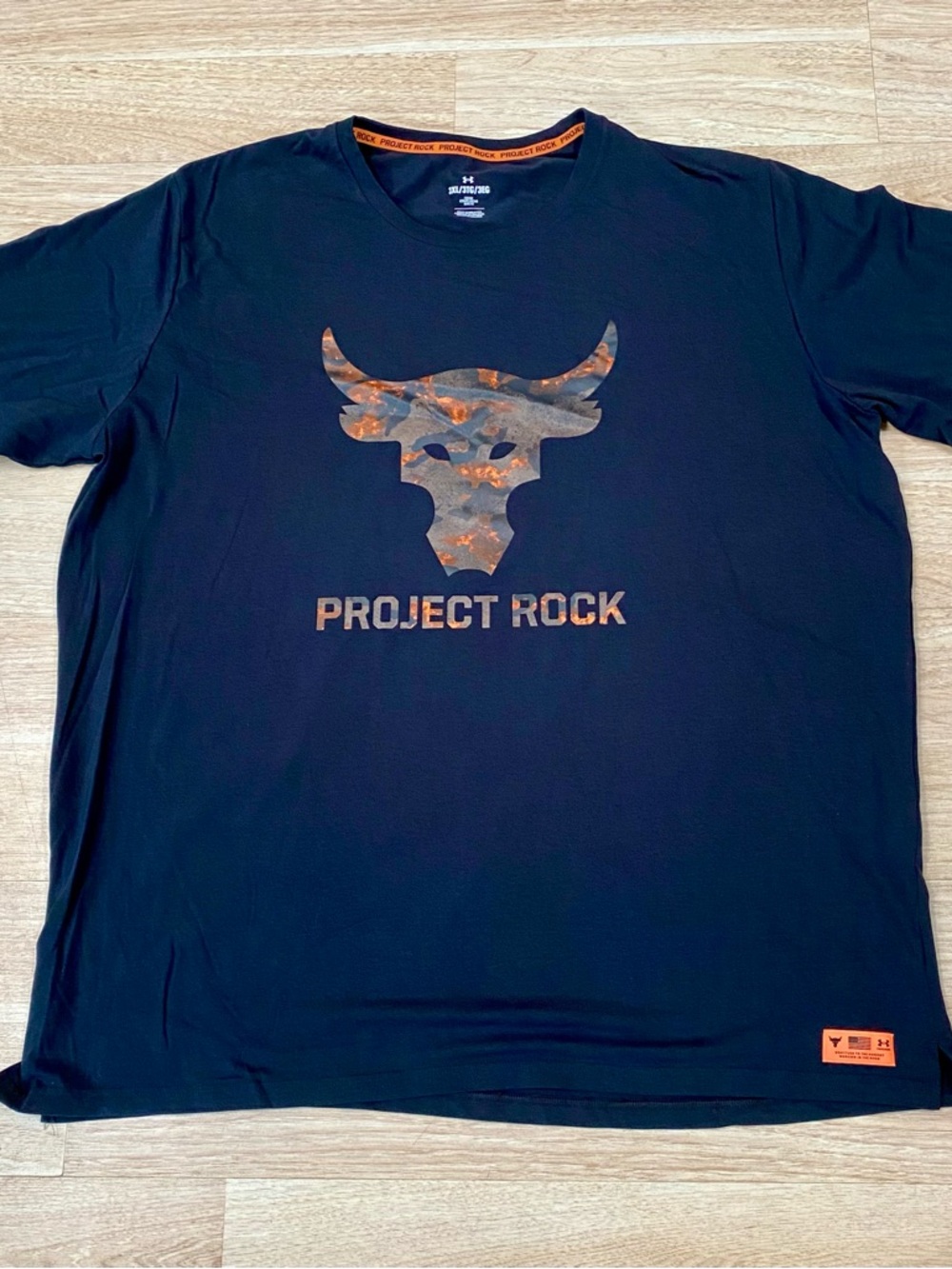 Under Armour Project Rock T-Shirt Men’s 3XL Black Brahma Bull Orange Camo Tee